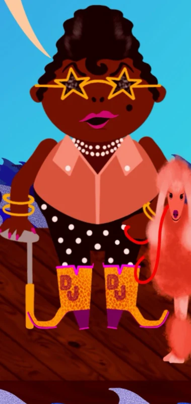 Disco Jackie wearing star-shaped glasses and a spotted skirt