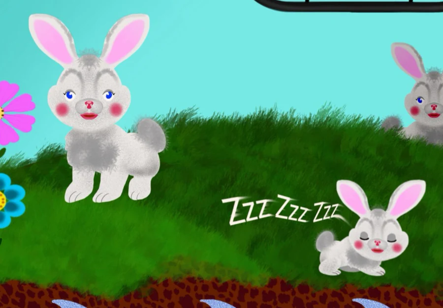 White and pink rabbits on the island seen during the journey